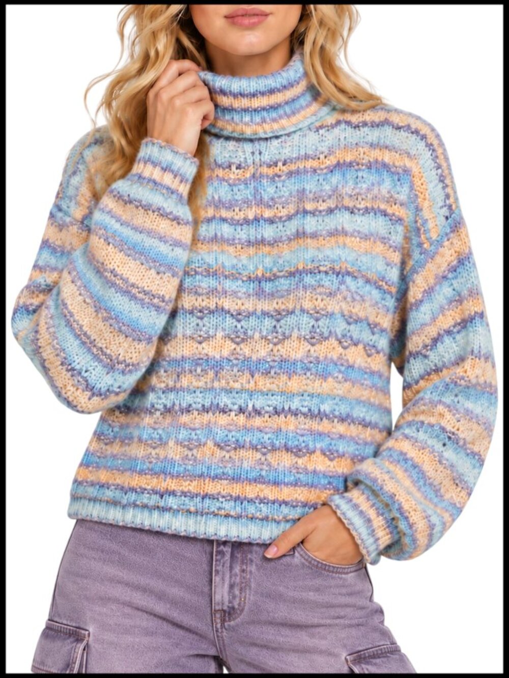 Zara Turtleneck Sweater Pastel Blue Teal Striped Relaxed Fit S